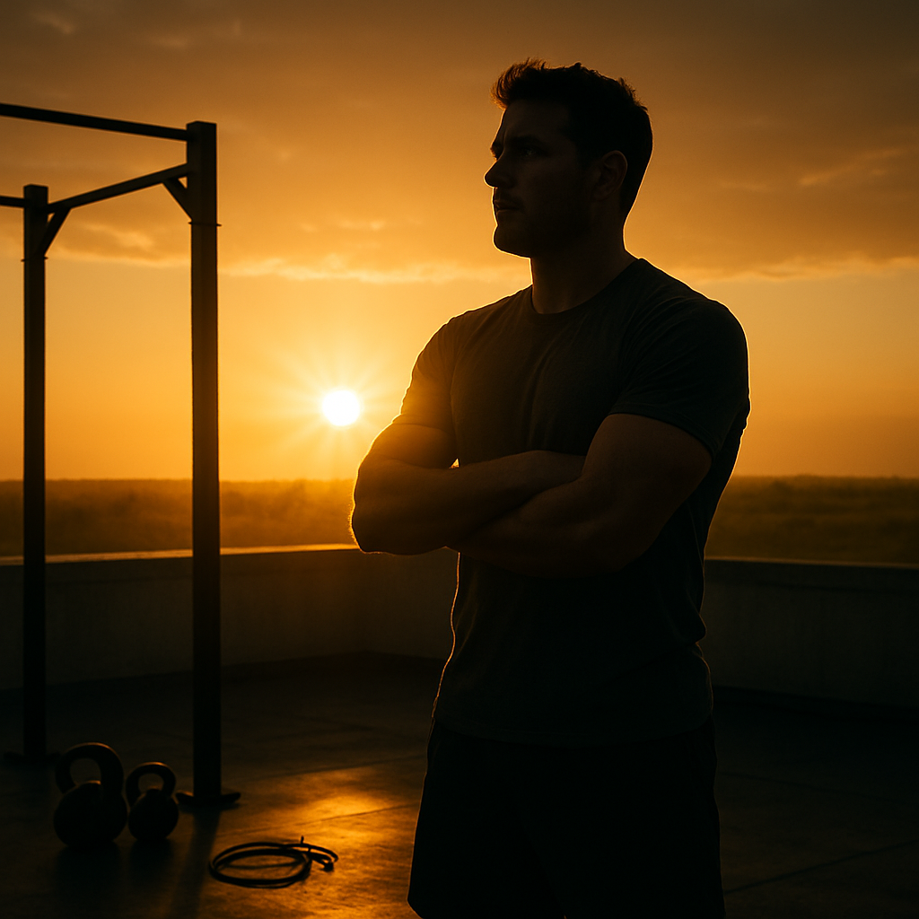 Mitchell Arce silhouetted against a sunrise on a rooftop